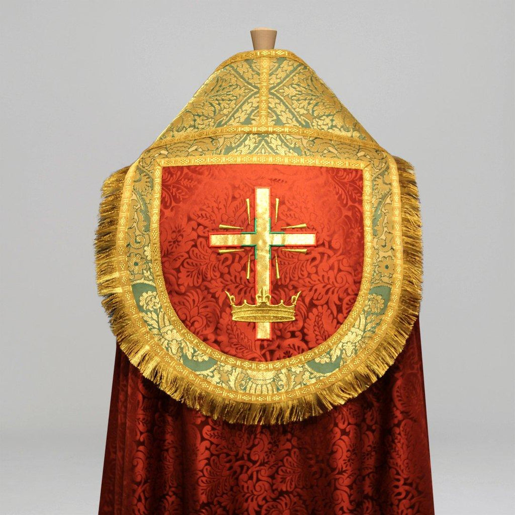 Westminster Cope in Sarum Red 'Holbein' with Green/Gold 'Crevelli' Orphreys and Cross Embroidery - Watts & Co.