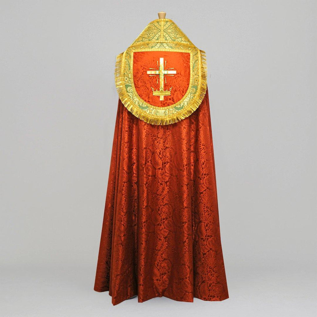 Westminster Cope in Sarum Red 'Holbein' with Green/Gold 'Crevelli' Orphreys and Cross Embroidery - Watts & Co.