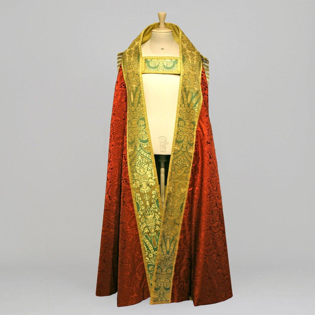 Westminster Cope in Sarum Red 'Holbein' with Green/Gold 'Crevelli' Orphreys and Cross Embroidery - Watts & Co.