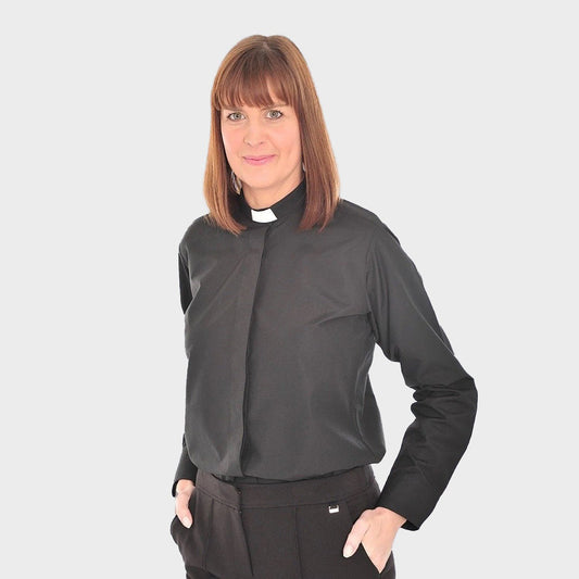 Women's Long Sleeved Tunnel Collar Clergy Shirt - Black - Watts & Co.